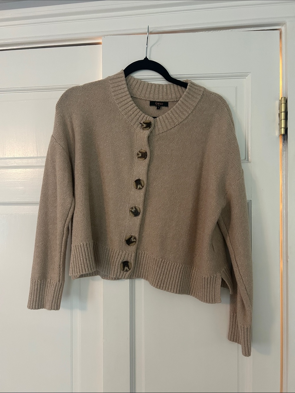 Quince Beige Button-Front Cropped Knit Cardigan